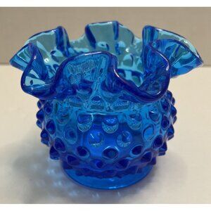 Fenton Cobalt Blue Glass 3" tall Hobnail Fluted Ruffled Rose Bowl Vase- EUC